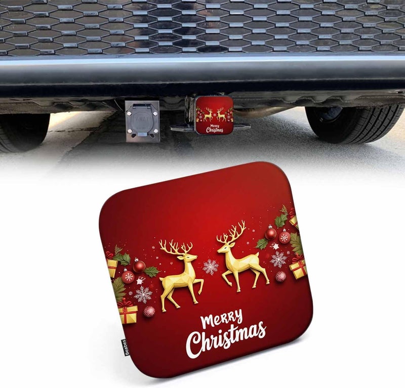 Beabes Merry Christmas Safe Hitch Cover With Deer and Snowflakes - 2 Inch Square Trailer Hitch for Car Rear Receiver - Gold Red Soft Rubber for Trucks SUVs RVs - Image 1